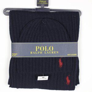 Polo Ralph Lauren Men's Hat Beanie Scarf 2 Piece Wool Snow Winter One Size Navy